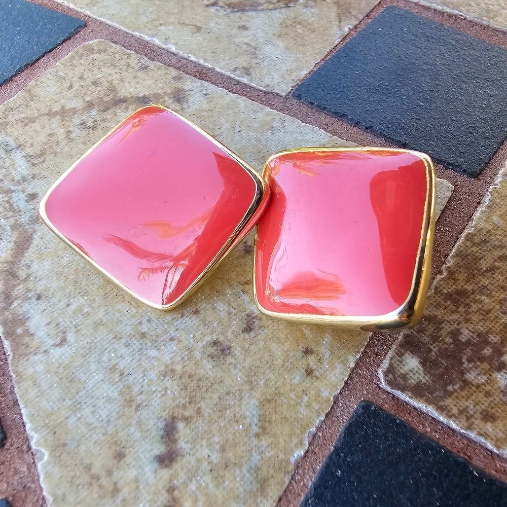 Vintage Coral Color Square Clip Back Earrings